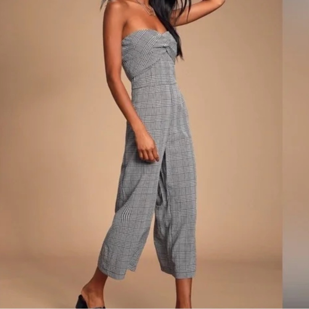 Lulu's Navy White Gingham Jumpsuit Strapless Sweetheart Design